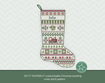Christmas stocking cross stitch pattern dove and train (pointing right), DIY customizable with name,  PDF, ** instant download**