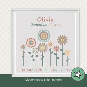 cross stitch baby birth sampler, birth announcement, flowers, neutrals, baby, DIY customizable pattern** instant download**