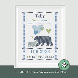 Cross stitch pattern baby birth sampler bear & baby bear,chevron, birth announcement, boy, DIY customizable pattern** instant download**