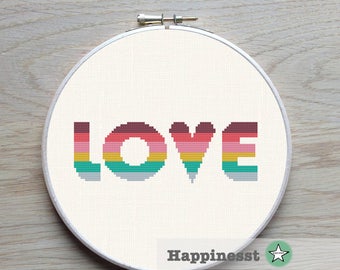 modern cross stitch pattern LOVE, LOVE quote, rainbow, valentine, PDF,  ** instant download**