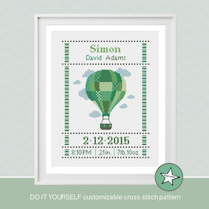 cross stitch baby birth sampler, birth announcement, hot air balloon, green, DIY customizable pattern** instant download**