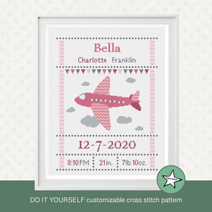 Cross stitch pattern baby birth sampler, birth announcement, plane pinks,  DIY customizable pattern** instant download**