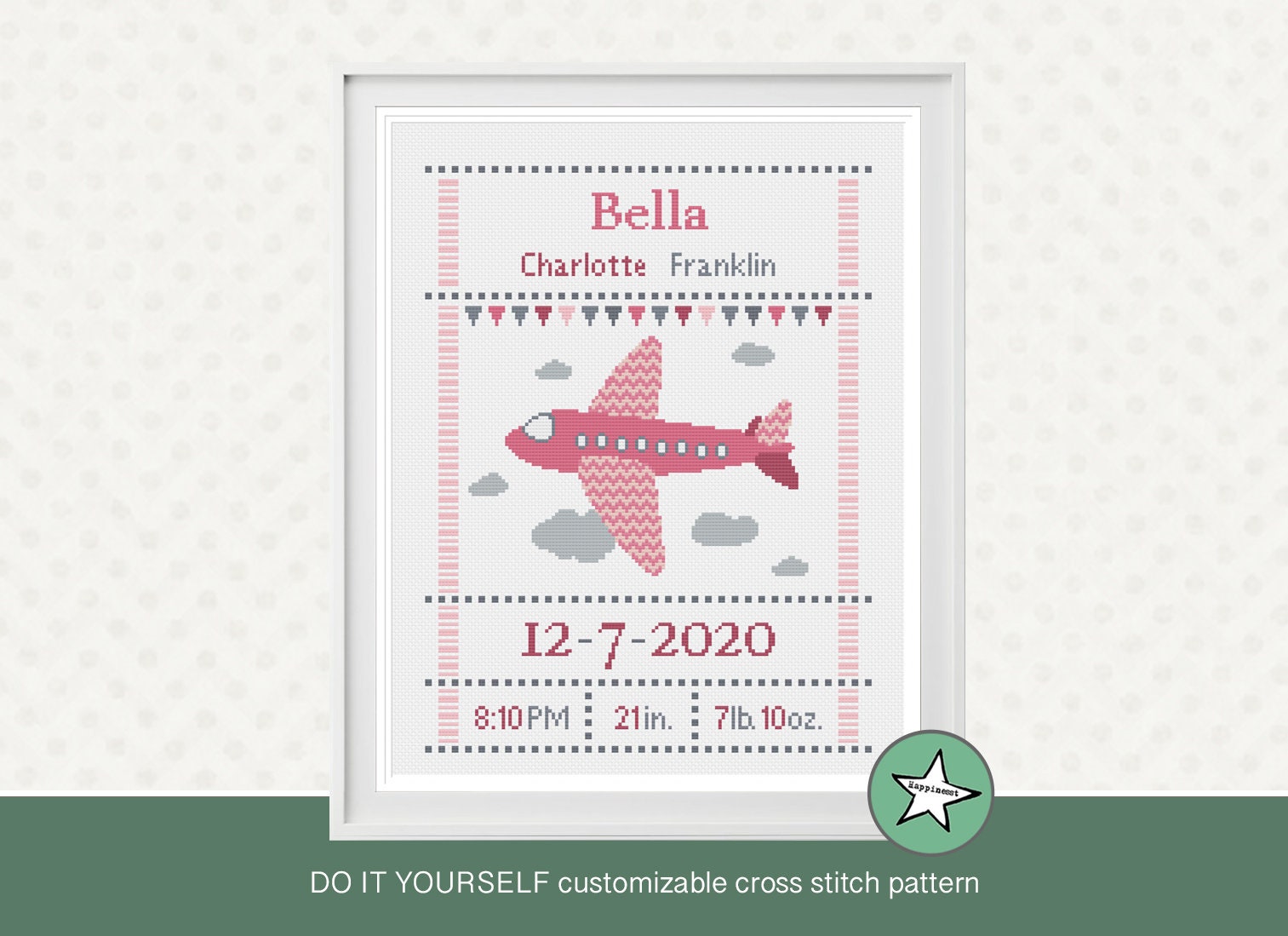 Cross stitch pattern baby birth sampler, birth announcement, plane pinks,  DIY customizable pattern** instant download**