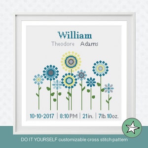 cross stitch baby birth sampler, birth announcement, flowers, blue yellow, baby girl, baby boy, DIY customizable ** instant download**