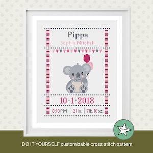 Koala Baby Geburt Sampler Kreuzstichmuster, DIY anpassbar (PDF)