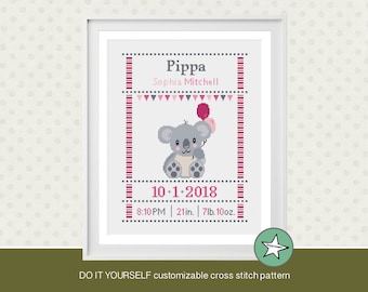 cross stitch baby birth sampler, birth announcement, koala, baby girl, cute,  DIY customizable pattern** instant download**