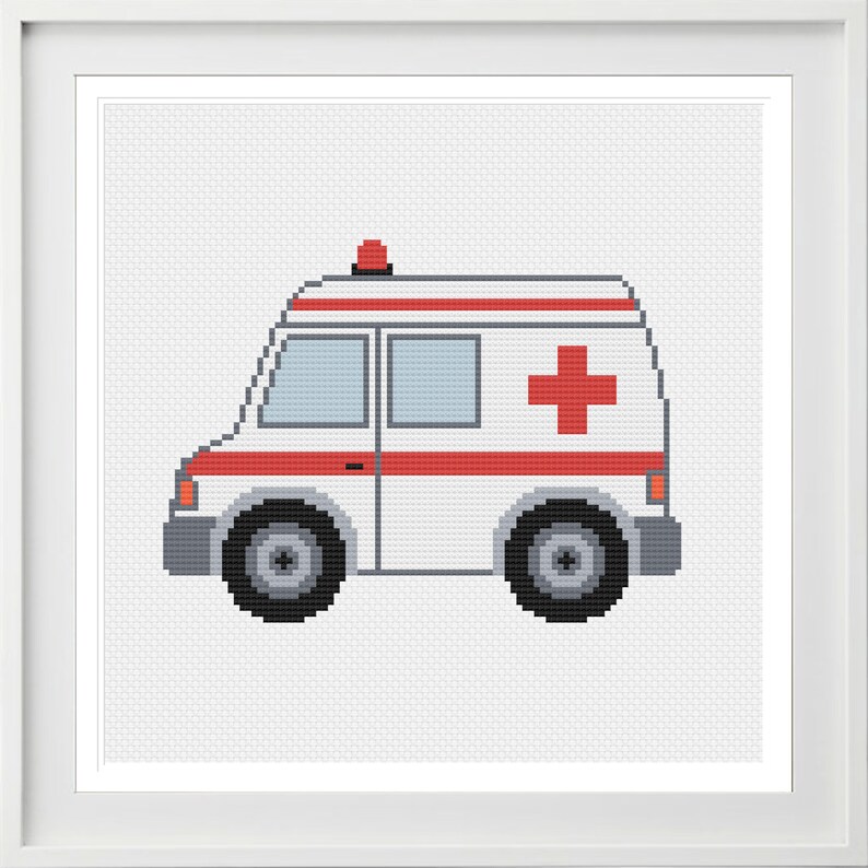 May include: A white ambulance with a red cross on the side and a red light on top. The ambulance has a gray window and black wheels.