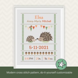 Cross stitch pattern baby birth sampler, hedgehog, green orange, woodland, DIY customizable pattern** instant download**