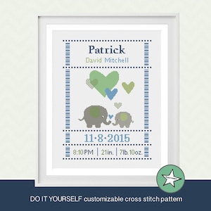 May include: Framed cross-stitch art featuring the name "Patrick" and birth details. The design includes two gray elephants, green and blue hearts, and the date 11-8-2015. The text reads "DO IT YOURSELF customizable cross stitch pattern".