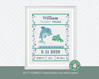 Cross stitch pattern baby birth sampler dolphins, birth announcement, baby boy, DIY customizable pattern** instant download**