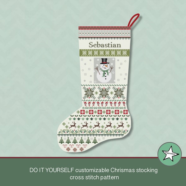 Christmas stocking cross stitch pattern snowman, DIY customizable with name, Christmas decoration,  PDF, ** instant download**
