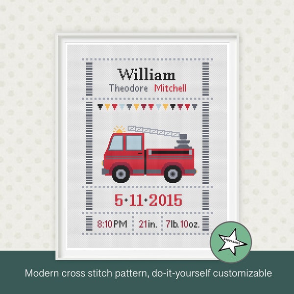 cross stitch baby birth sampler, birth announcement, Fire Truck, baby boy or girl, DIY customizable pattern** instant download**