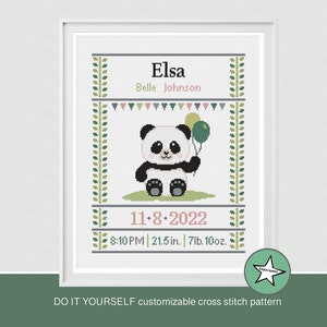 Cross stitch pattern baby birth sampler panda, birth announcement, baby girl, DIY customizable pattern** instant download**