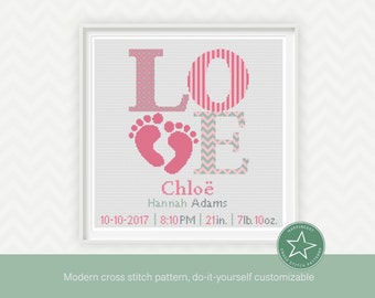 Cross stitch pattern baby birth sampler, birth announcement, LOVE, baby feet, baby girl, pink, DIY customizable pattern** instant download**