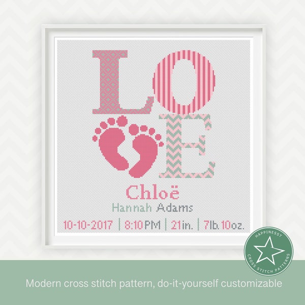 Cross stitch pattern baby birth sampler, birth announcement, LOVE, baby feet, baby girl, pink, DIY customizable pattern** instant download**