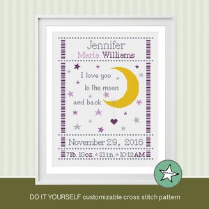 cross stitch birth sampler, birth announcement, I love you to the moon and back, purples, baby girl, DIY customizable pattern download image 1