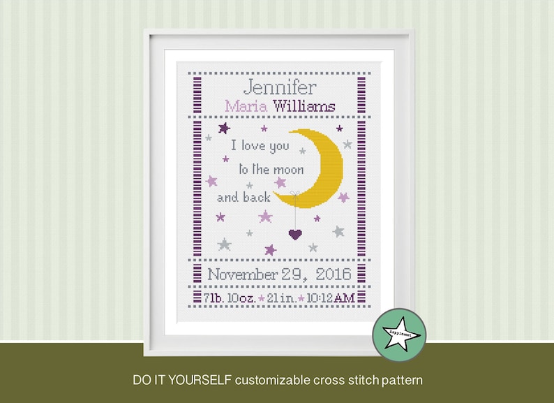 cross stitch birth sampler, birth announcement, I love you to the moon and back, purples, baby girl, DIY customizable pattern download image 1