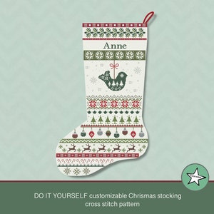 Christmas stocking cross stitch pattern dove(pointing left), DIY customizable with name, Christmas decoration,  PDF, ** instant download**