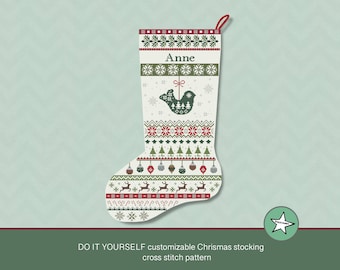 Chaussette de Noël point de croix motif colombe (pointant vers la gauche), DIY personnalisable avec prénom, décoration de Noël, PDF, **téléchargement immédiat**