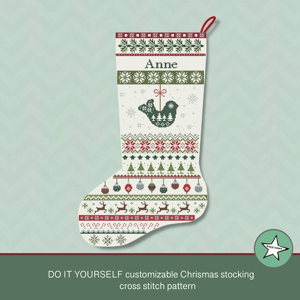 Christmas stocking cross stitch pattern dove(pointing left), DIY customizable with name, Christmas decoration,  PDF, ** instant download**