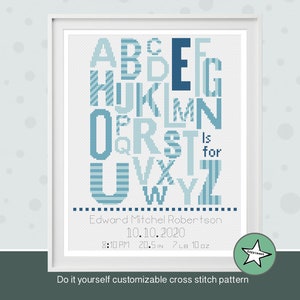 Padrão de ponto cruz amostrador de nascimento de bebê, ABC, alfabeto A é para .., blues, bebê menino, padrão personalizável DIY ** baixar **