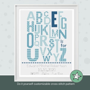 Cross stitch pattern baby birth sampler, ABC, alphabet A is for..,blues, baby boy, DIY customizable pattern** download**