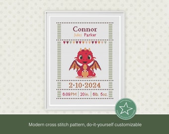 Cross stitch pattern baby birth sampler dragon, birth announcement, red, DIY customizable pattern** instant download**