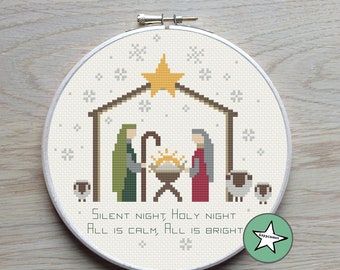Christmas cross stitch pattern, nativity scene, Silent night, Christmas decoration,  snowflakes, PDF, ** instant download**