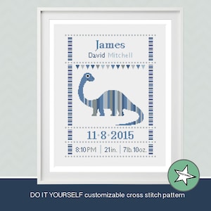 cross stitch pattern baby birth sampler dinosaur , birth announcement, blue and grey, t-rex,  DIY customizable pattern** instant download**