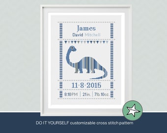 cross stitch pattern baby birth sampler dinosaur , birth announcement, blue and grey, t-rex,  DIY customizable pattern** instant download**