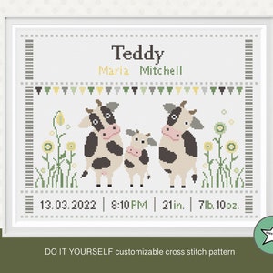 Cross stitch pattern baby birth sampler cows, birth announcement, baby boy or girl, DIY customizable pattern** PDF**