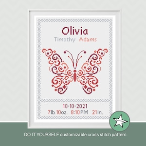 Cross stitch pattern baby birth sampler, birth announcement, butterfly, coral, baby girl, DIY customizable pattern** instant download**