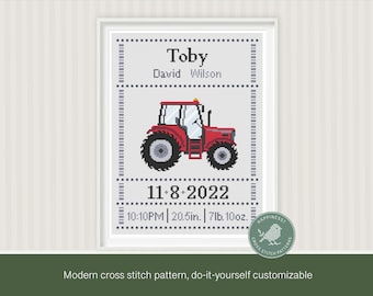 May include: Framed cross-stitch pattern with a red tractor design. The pattern includes the name "Toby", date, time, and measurements: 52.1 cm and 3.46 kg. The text "Modern cross stitch pattern, do-it-yourself customizable" is at the bottom.