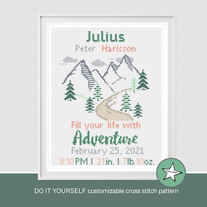 Baby Birth Sampler Cross Stitch Pattern, Adventure Mountain Theme (DIY Customizable PDF)