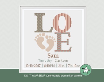 May include: A cross stitch pattern featuring the word "LOVE" with a heart shape made of baby footprints. The letters are decorated with different patterns. The pattern includes the name "Sam", the date "10-10-2017", the time "8:10PM", the length "21in", and the weight "7lb. 10oz".