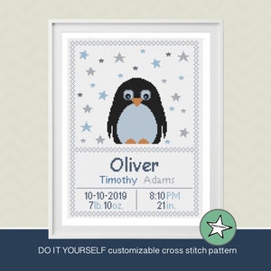 cross stitch baby birth sampler, birth announcement, penguin and stars, baby boy, DIY customizable pattern** download**