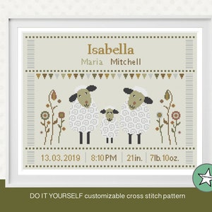 Cross stitch pattern baby birth sampler sheep, birth announcement, baby boy or girl, DIY customizable pattern** instant download**