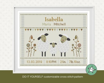 Cross stitch pattern baby birth sampler sheep, birth announcement, baby boy or girl, DIY customizable pattern** instant download**