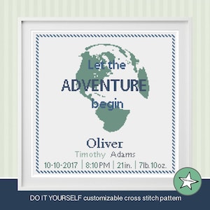 cross stitch baby birth sampler, birth announcement, let the adventure begin, blue, green DIY customizable pattern** instant download**