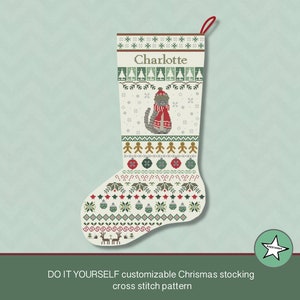 Christmas stocking cross stitch pattern cat, DIY customizable with name, Christmas decoration,  PDF, ** instant download**