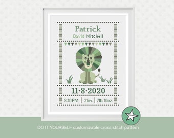 Cross stitch pattern baby birth sampler lion, birth announcement, greens, baby, DIY customizable pattern** instant download**