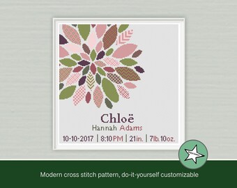 cross stitch baby birth sampler, birth announcement, modern flower, dahlia, purple pink green, DIY customizable pattern** instant download**