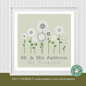 Kreuzstichmuster Hochzeit, Blumen, personalisierbar, modernes Muster, Hochzeit, Hochzeitstag, PDF, DIY **sofort download**ij