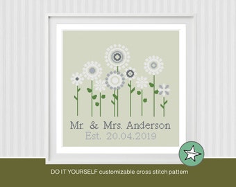 Wedding cross stitch pattern, flowers, diy customizable, modern pattern, wedding anniversary PDF, DIY ** instant download**ij