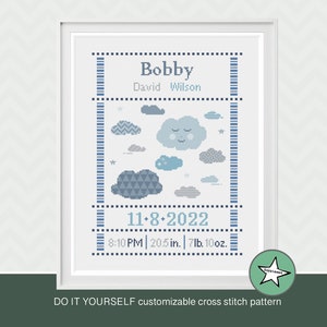 Cross stitch pattern baby birth sampler clouds, birth announcement, baby boy, DIY customizable pattern** instant download**