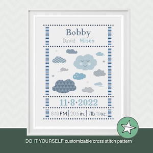 Cross stitch pattern baby birth sampler clouds, birth announcement, baby boy, DIY customizable pattern** instant download**