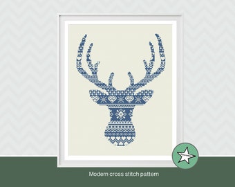 modern cross stitch pattern deer silhouette (big), reindeer, nordic folk, PDF,  ** instant download**