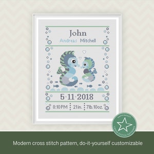 cross stitch baby birth sampler seahorse, birth announcement, baby boy, seaworld, DIY customizable pattern** instant download**