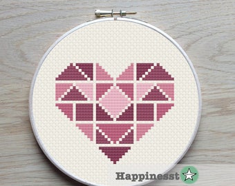 geometric modern cross stitch pattern heart mauve, valentine heart, tangram style, PDF pattern ** instant download**