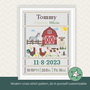 Cross stitch pattern baby birth sampler farm animals, barn yard, birth announcement, baby boy or girl, DIY customizable pattern** PDF**